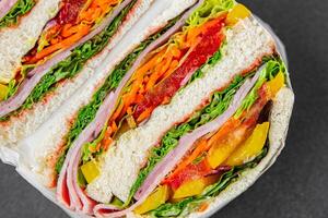 sandwich layers vegetables and ham meat spam fresh meal food snack on the table copy space food background rustic top view photo