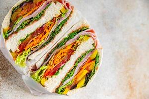 sandwich layers vegetables and ham meat spam fresh meal food snack on the table copy space food background rustic top view photo