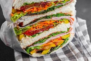 sandwich layers vegetables and ham meat spam fresh meal food snack on the table copy space food background rustic top view photo