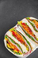 sandwich layers vegetables and ham meat spam fresh meal food snack on the table copy space food background rustic top view photo