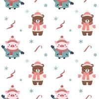 Seamless pattern with warm clothed bear and pig. Cartoon winter animals pattern. Xmas backgrounds. vector