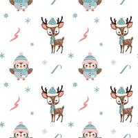 Seamless pattern with warm clothed owl and reindeer. Cartoon winter animals pattern. Xmas backgrounds. vector