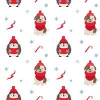 Seamless pattern with warm clothed hedgehog and dog. Cartoon winter animals pattern. Xmas backgrounds. vector