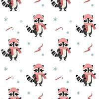 Seamless pattern with warm clothed raccoon. Christmas Winter backgrounds. Cartoon animals pattern. vector