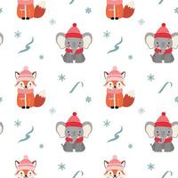 Seamless pattern with warm clothed elephant and fox. Cartoon winter animals pattern. Xmas backgrounds. vector