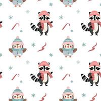 Seamless pattern with warm clothed raccoon and owl. Cartoon winter animals pattern. Xmas backgrounds. vector
