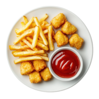 Plate of French Fries and Chicken Nuggets with Dip for Snacks or Parties on transparent background png