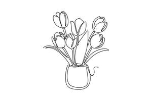 Continuous one line drawing beautiful tulips in vase. Real flower decoration. Sends fresh scent throughout the room. Plant display. National Flower Day. Single line design graphic illustration vector