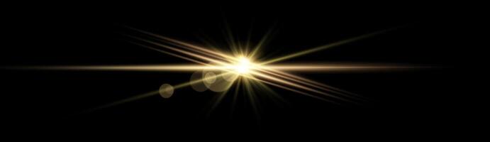 Gold horizontal lensflare. Light flash with rays or gold spotlight and bokeh. Yellow glow flare light effect. vector
