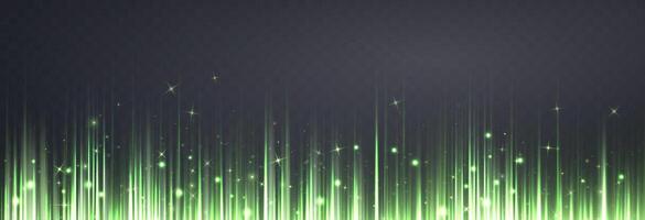 Vertical green horizontal lines. Speed rays, velocity light neon flow, motion effect, colorful light trails, stripes, laser beams. vector