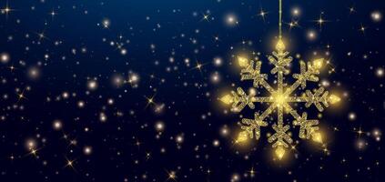 Hanging wireframe gold snowflake in low poly style. Christmas and New Year concept. Abstract modern vector