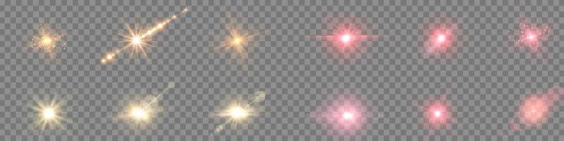 Red and gold lens flares set. Sun flash with rays or spotlight and bokeh. vector