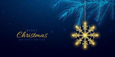 Wireframe gold snowflake and Christmas tree branches, low poly style. New Year banner. Abstract modern vector
