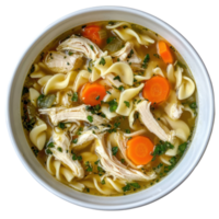 Delicious Leftover Chicken Noodle Soup in a White Ceramic Bowl on transparent background png
