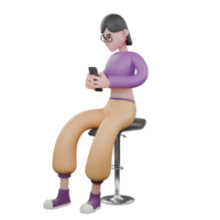 3D Cartoon Dance Character. A female dancer sits holding a cellphone with both hands in front of her chest with a serious expression. Animated Artist png