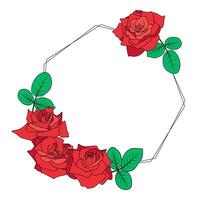 Polygon floral frame. Simple geometric shape with rose bouquet. Wide open roses and leaves. Cartoon style color layers, red, pink, green, black contour. Design element for Valentines, wedding, cards vector