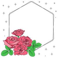 Decorative floral frame. Roses, leaves, button. Elegant geometry composition, vintage border illustration. Hexagon decorated wreath shape. Isolated element, simple color. Valentine design, cards, web vector