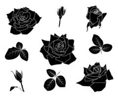 Roses black solid shapes collection. Pointed petals. Simple floral shapes design elements. Half open, fully open, button, leaves. Black line contour, isolated. Coloring book page, line art, Valentine vector