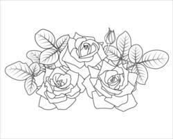 Line Roses border. Outline flowers bouquet, buds and leaves. Digital illustration isolated on white background. Floral elements in contour style for design and coloring book. Horizontal composition. vector