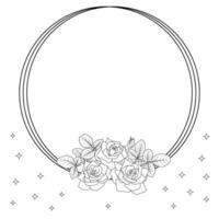 Floral round frame. Decorative circle, roses and leaves, stars on a background. Black lines, contour silhouette. Flower composition. Design element, Valentine, cards, invitations, print, stickers, web vector