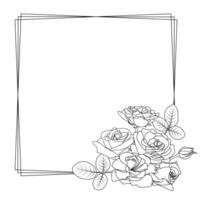 Decorative floral square frame. Roses, leaves, buttons. Elegant geometry composition. Square decorated corners shape. Isolated black contour. Valentine design, wedding, cards, invitations, menus vector