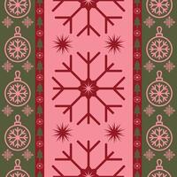 Charming seamless Christmas pattern featuring large red snowflakes, star shapes, and ornaments on a pink and green background, perfect for holiday decor, greeting cards, and cheerful seasonal designs vector