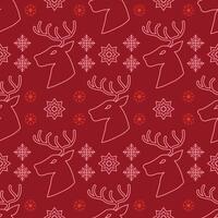 Seamless holiday pattern with pink reindeer head ornaments, snowflakes, and stars on a red background, perfect for Christmas decor, holiday wallpaper, wrapping paper, and cheerful seasonal design vector