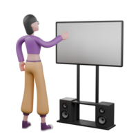 Dance Performer in 3D Cartoon Style. A female dancer stands in front of a large screen and points to the large screen with her left hand. Performer Model png