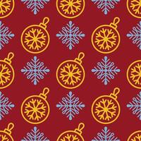 Christmas pattern with snowflake and light balls ornaments seamless patten on a deep red background, holiday decor, wrapping paper, and cheerful seasonal design, greeting cards, winter projects vector