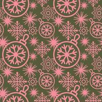 Seamless holiday pattern with pink ornaments, snowflakes, and stars on a dark green background, perfect for Christmas decor, holiday wallpaper, wrapping paper, and cheerful seasonal design vector