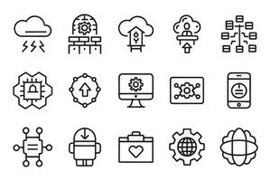 Technology, algorithm, smart robotic, cloud computing related editable stroke outline icon set isolated flat illustration white background.e vector