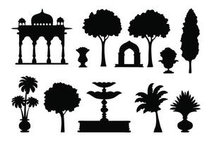 Traditional Mughal garden set silhouettes isolated flat illustration on white background vector