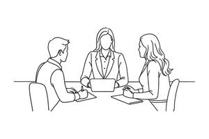 Young happy businesswoman having meeting with her colleagues in office and looking at camera Continuous line draw Full length single line animation vector