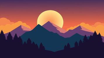 sunset casts vibrant colors over mountains, framed by clouds and silhouetted trees in the foreground flat illustration. vector
