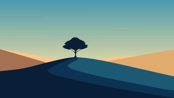 solitary tree atop a hill surrounded by an expansive field under a clear sky flat illustration vector