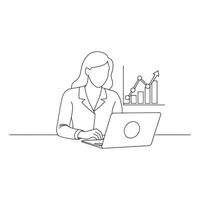 Woman focused on her laptop, analyzing a graph with various icons displayed on the screen isolated continuous line art flat illustration on white background vector