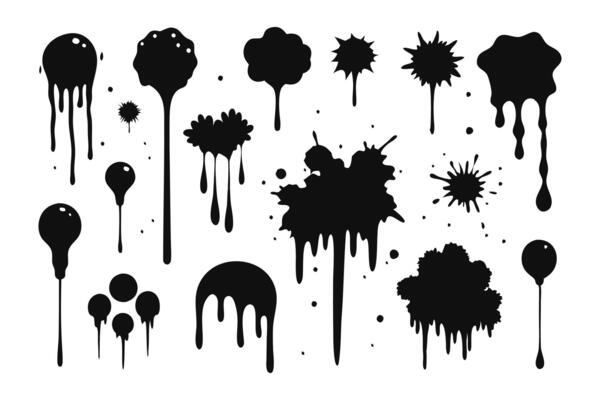 Spray paint drips, inky blots or splashes. Black splatters, graffiti inkblot spots with dusty speckle effect isolated flat illustration on white background.