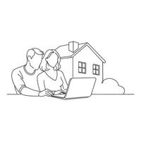 Young couple of new homeowners using laptop while doing their taxes Continuous line draw Full length single line animation vector