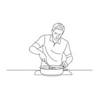 Man attentively cooks food in a pan, focused on the dish as it simmers on the stove isolated continuous line art flat illustration on white background vector