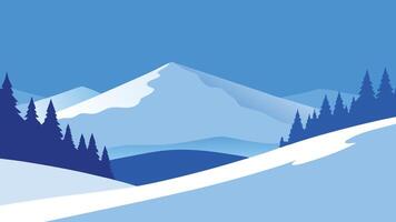 Snow covered trees blanket a hillside, creating a serene winter landscape under a clear blue sky flat illustration vector