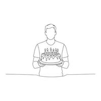 Man proudly holds a decorated cake adorned with candles, ready to celebrate a special occasion isolated continuous line art flat illustration on white background vector