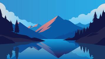 mountain lake surrounded by rocks and trees, reflecting the beauty of nature in a tranquil setting flat illustration vector