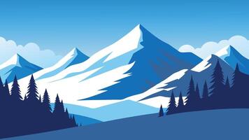 frosty landscape featuring snow-covered trees and majestic mountains in the background flat illustration. vector