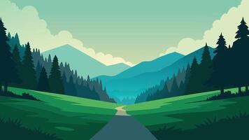 field surrounded by trees and lush grass, nestled within a tranquil forest setting flat illustration vector