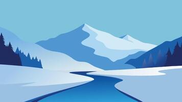 river blanketed in snow, shrouded in a thick layer of fog, creating a tranquil winter landscape flat illustration vector