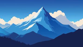 Aerial view showcasing majestic mountains partially obscured by fluffy clouds against a clear blue sky flat illustration vector