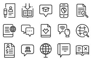 Translate, writing, speech, speaking, dictionary, text, language. related editable stroke outline icon set isolated flat illustration white background. vector