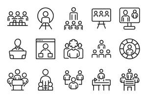 Conference, business meeting, classroom, team, interview, conference, work, discussion related editable stroke outline icon set isolated flat illustration white background. vector