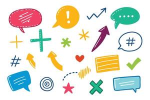 Hand drawn Chalk pencil sketch set of arrows, speech bubbles, underline, hash tag, punctuation marks isolated flat illustration vector
