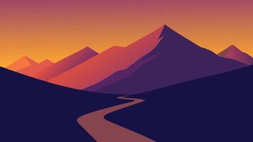 stunning sunset casts vibrant colors over mountains, with a winding path inviting exploration to the summit flat illustration. vector